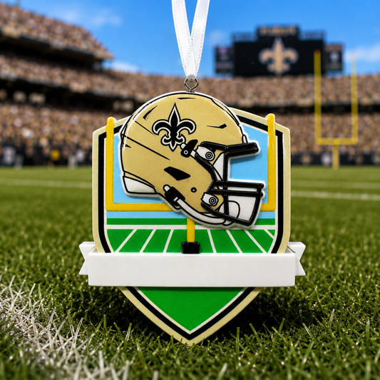 A New Orleans Saints themed ornament shaped like a football helmet over a shield with a white banner, hanging on a field with a blurred stadium background.