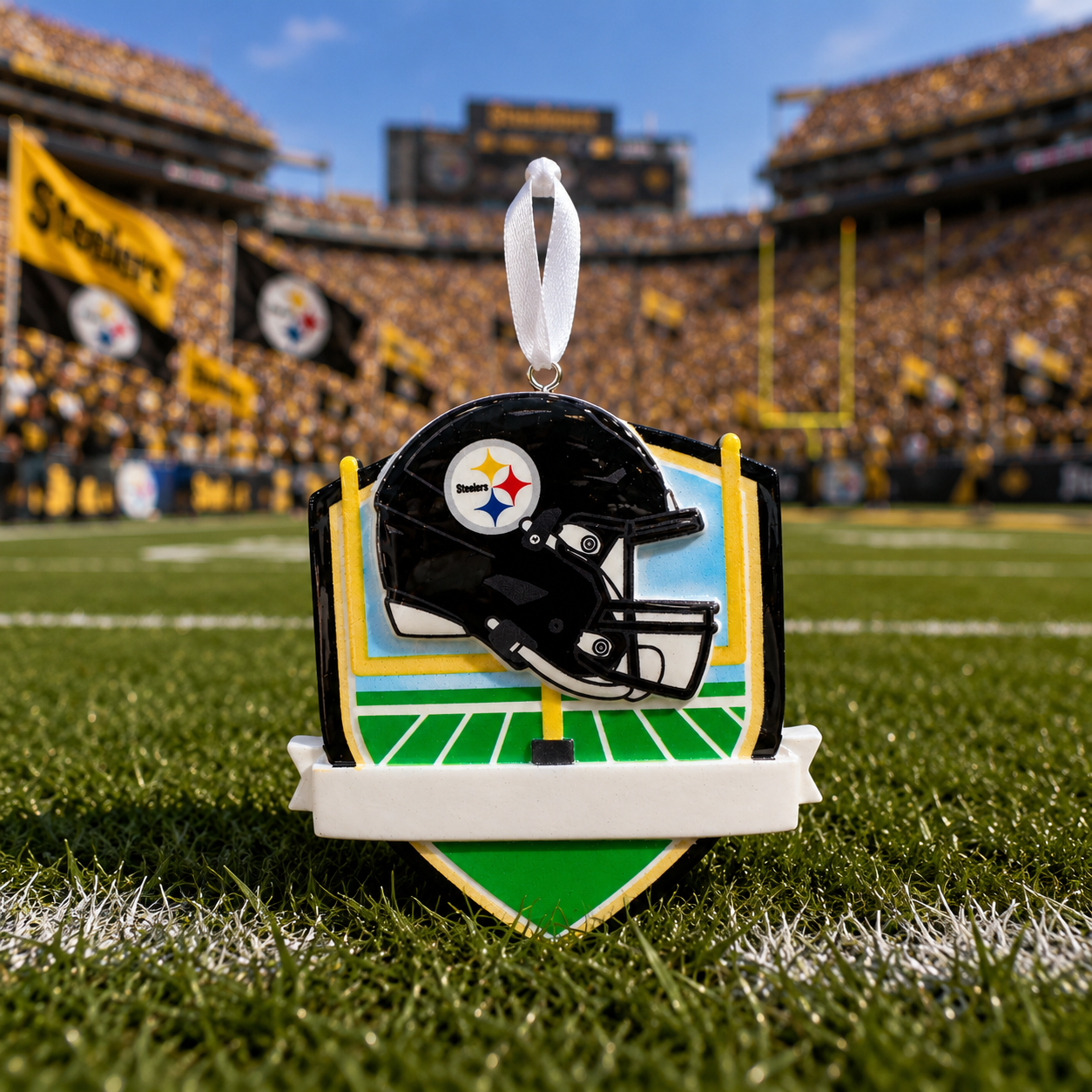 Pittsburgh Steelers football helmet holiday ornament displayed on a green football field with a blurred stadium background.