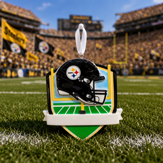 Pittsburgh Steelers football helmet holiday ornament displayed on a green football field with a blurred stadium background.