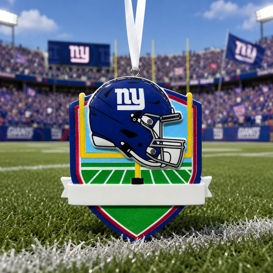 Officially licensed New York Giants painted resin ornament in navy blue, red, green, yellow, white, light blue, and black, shaped like a football field with zero characters, one raised helmet, yellow goalposts, glossy cartoon style 3D details, stadium lights, a white hanging ribbon, no snow or glitter, and a white front banner for a handwritten name and optional year.