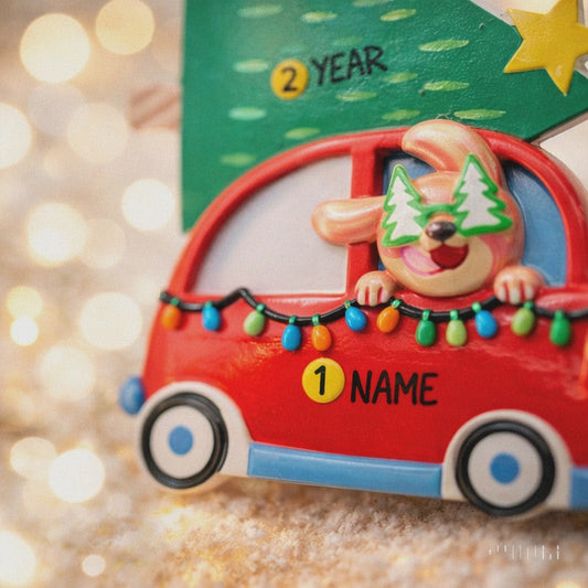 Personalized Dog Christmas Ornament | Dog in Car with Tree | Raised 3D Ornament