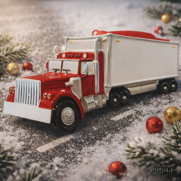 Red semi truck ornament featuring a classic delivery truck design with a glossy red cab and white trailer. The ornament includes free handwritten personalization with a name and year, making it a meaningful keepsake for truck drivers, transportation families, and kids who love big trucks. Clean front facing design with smooth resin finish, perfect for Christmas tree decor and holiday displays.
